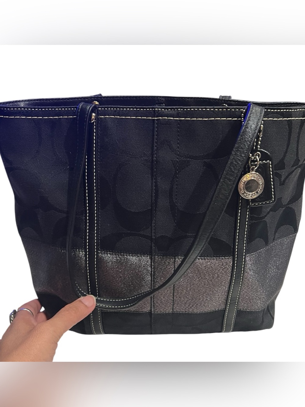 Coach Signature Stripe Tote Bag  black jacquard fabric silver metallic stripe
